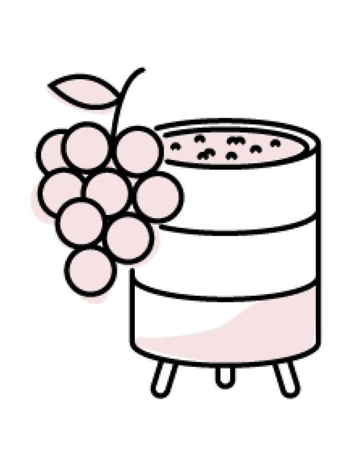 An illustration of a large bunch of grapes next to a cylindrical vat or tank, which contains a light pink liquid or shading at the bottom. The grapes and the vat together signify the primary fermentation process where grape juice turns into wine.
