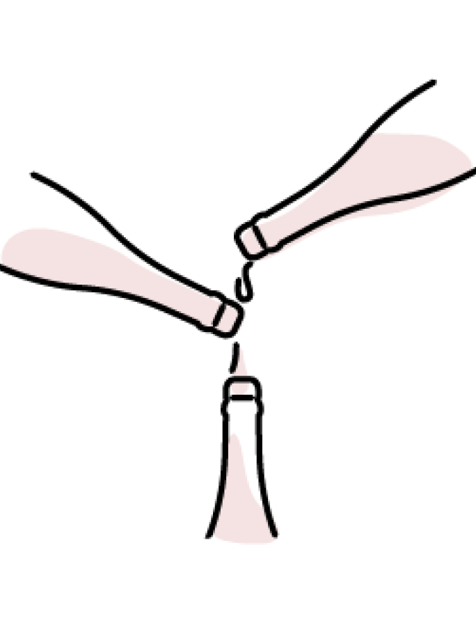 An illustration showing two sparkling wine bottles tilted inwards, with drops of liquid falling from their necks into the open neck of a third, upright sparkling wine bottle. This vividly represents the crucial blending stage where different wines are combined