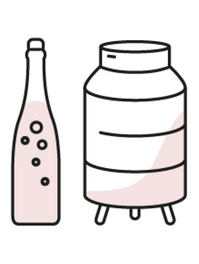 A line art illustration showing a wooden barrel or vat, brimming with grapes that are likely in the process of being crushed or fermented. A large bunch of grapes hangs from the side, signifying the early stages of winemaking