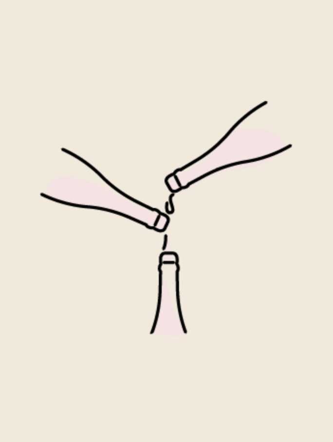 An illustration showing two sparkling wine bottles tilted inwards, with drops of liquid falling from their necks into the open neck of a third, upright sparkling wine bottle. This vividly represents the crucial blending stage where different wines are combined