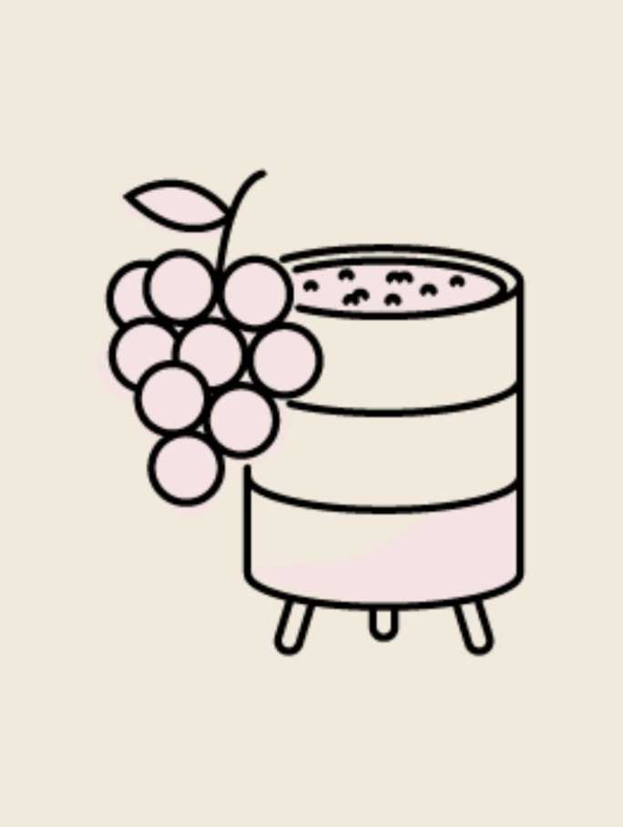 An illustration of a large bunch of grapes next to a cylindrical vat or tank, which contains a light pink liquid or shading at the bottom. The grapes and the vat together signify the primary fermentation process where grape juice turns into wine.