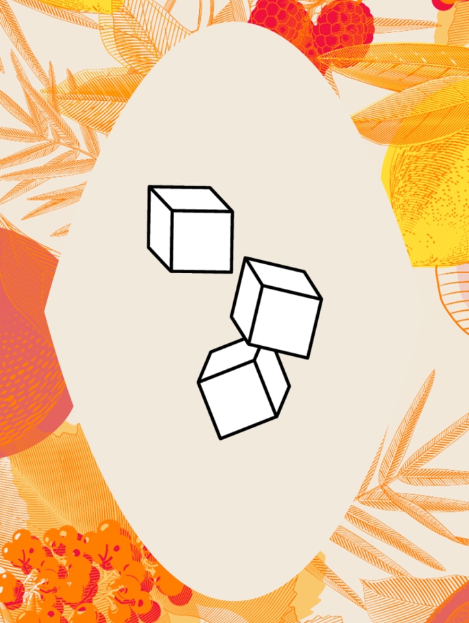 Stylized icon of three white ice cubes with black outlines, positioned on an intricate orange background with decorative fruit and leaf patterns. Symbolizes the refreshing chill and perfect serving temperature for Chandon Spritz. Optimized for cold drink promotion.