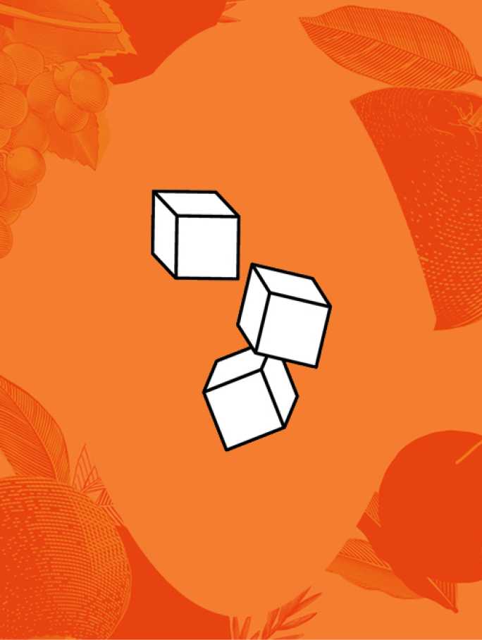 Icône stylisée de trois glaçons blancs avec des contours noirs, positionnés sur un fond orange détaillé avec des motifs décoratifs de fruits et de feuilles. Symbolise la fraîcheur et la température de service idéale pour le Chandon Spritz.