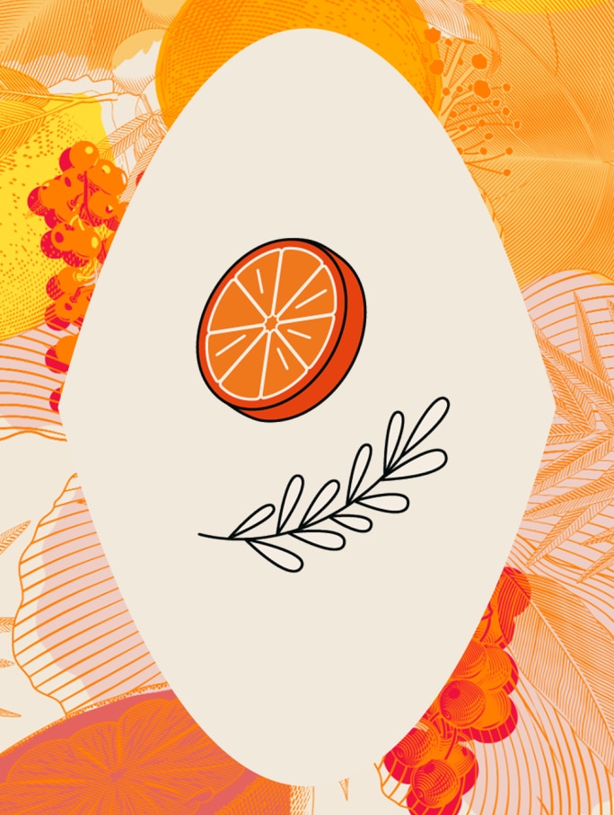 Stilisiertes Icon einer Orangenscheibe und eines schwarz umrandeten Blätterzweigs vor einem verzierten orangefarbenen Hintergrund mit eingravierten Frucht- und Blumenmustern. Steht für die natürlichen Orangen- und Botanikzutaten in Chandon Spritz und unterstreicht die visuelle Attraktivität der Geschmacksprofile.
