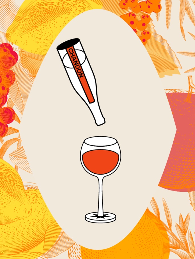 Stylized icon of a Chandon bottle pouring an orange liquid into a wine glass, depicted against a detailed orange background with various fruit and botanical etchings. Illustrates the pouring and enjoyment of Chandon Spritz, suitable for 'how-to-serve' guides or product usage