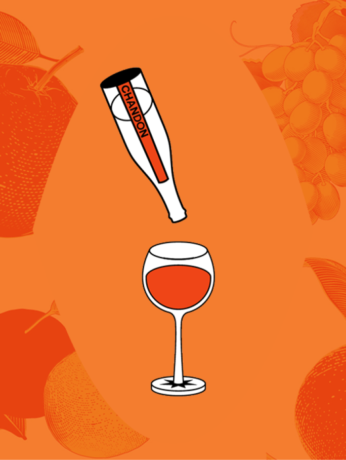 An illustrated image of a Chandon Spritz Orange Peels & Spicesbottle pouring into a wine glass, set against an orange background with faint outlines of fruit and leaves