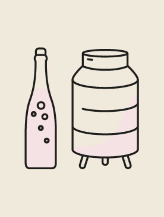 A line art illustration showing a wooden barrel or vat, brimming with grapes that are likely in the process of being crushed or fermented. A large bunch of grapes hangs from the side, signifying the early stages of winemaking