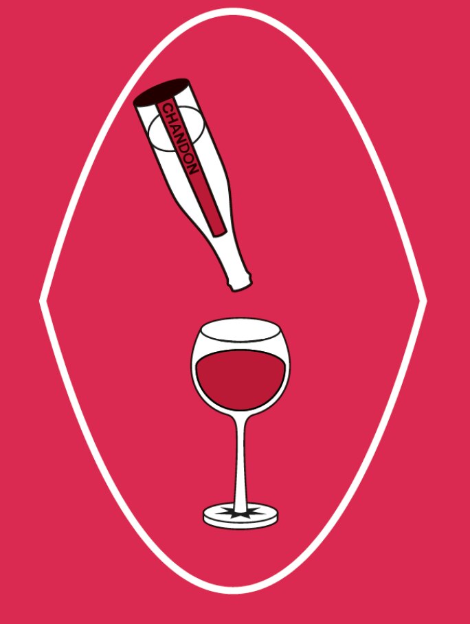 Stylized icon of a Chandon bottle pouring a red liquid into a wine glass, set against a red background. Represents the serving and enjoyment of Chandon Spritz Berries & Hibiscus, perfect for driving engagement on product pages.