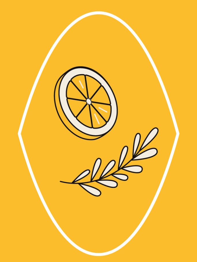 Stylized icon of a lemon slice and a white leaf on a yellow background. Visual element for lemon flavor and botanical accents in Chandon Spritz Lemon & Verbena.