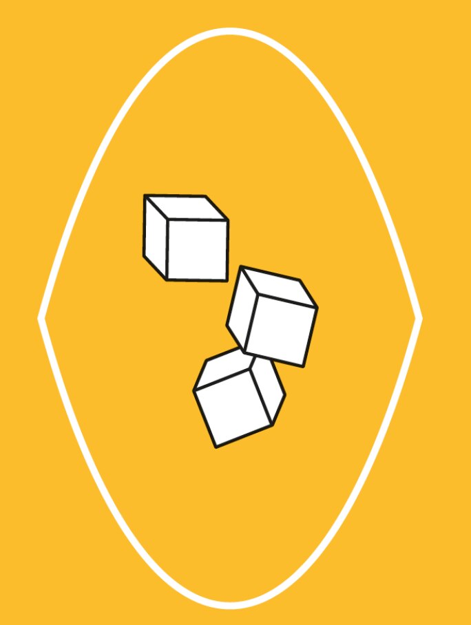 Stilisiertes Icon von drei weißen Eiswürfeln mit schwarzen Umrissen auf gelbem Hintergrund. Symbolisiert Erfrischung und Kühlung für Chandon Spritz Lemon & Verbena.