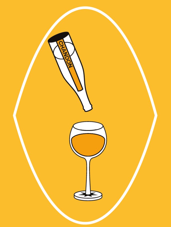 Stilisiertes Icon einer Chandon-Flasche, die in ein Weinglas mit orange-gelber Flüssigkeit einschenkt, vor gelbem Hintergrund. Steht für das Servieren und den Genuss von Chandon Spritz Lemon & Verbena.