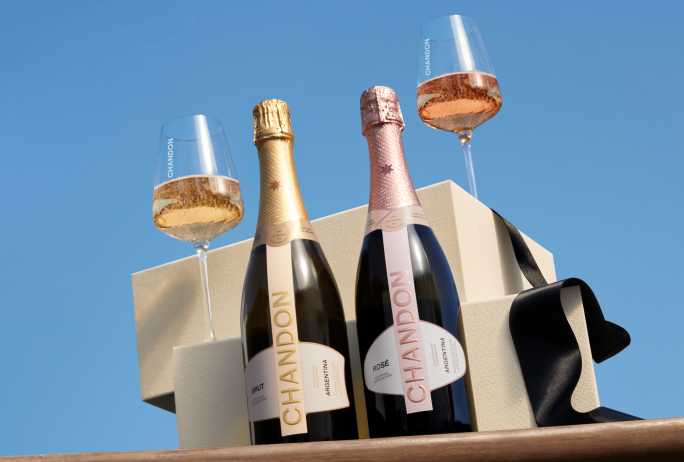 CHANDON Argentina Brut and Rosé sparkling wine bottles with glasses in a luxury gift box against a blue sky